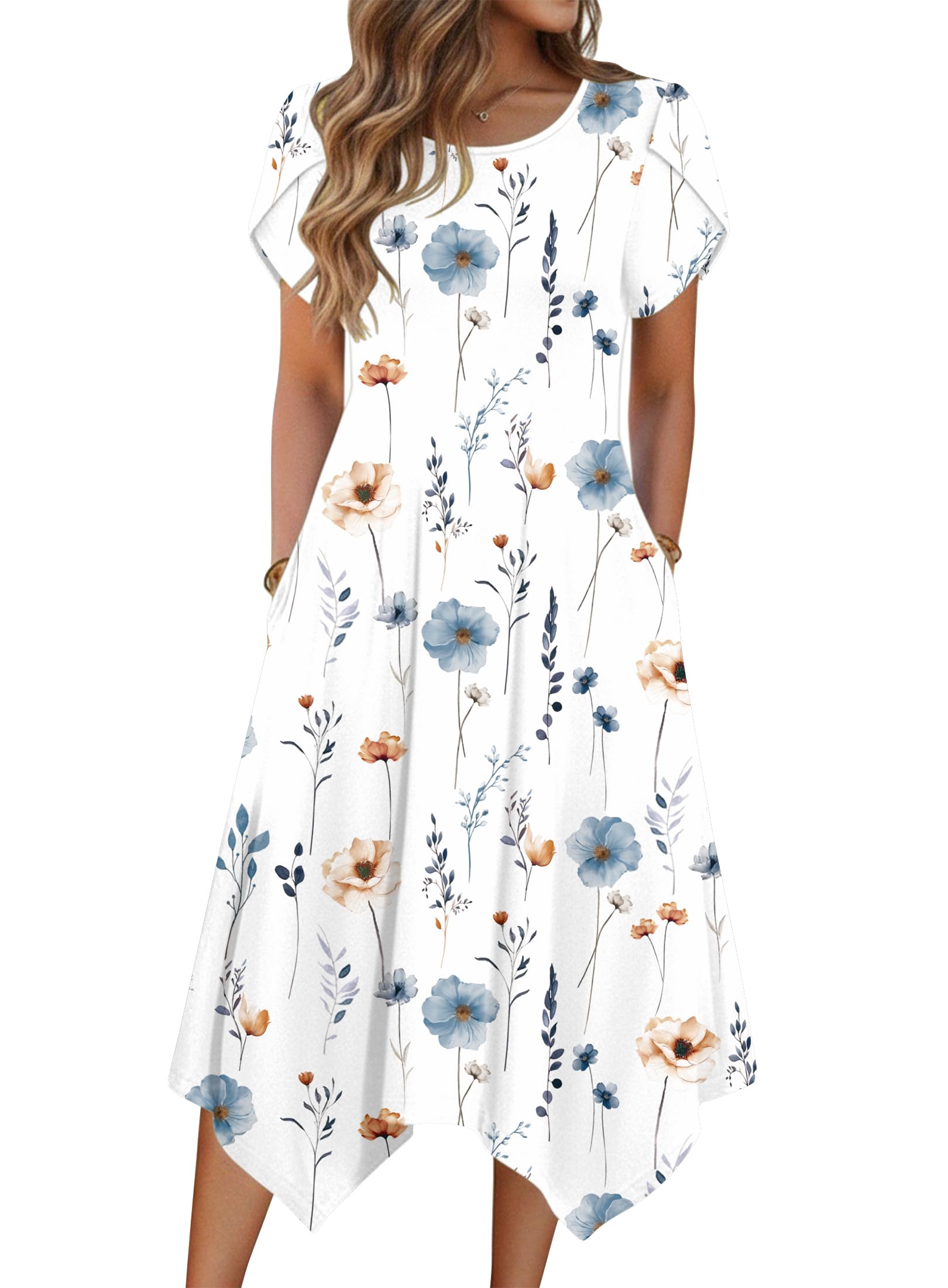 Womens 2026 Summer Short Sleeve Loose Flowy Hankerchief Flare Midi Casual Beach
