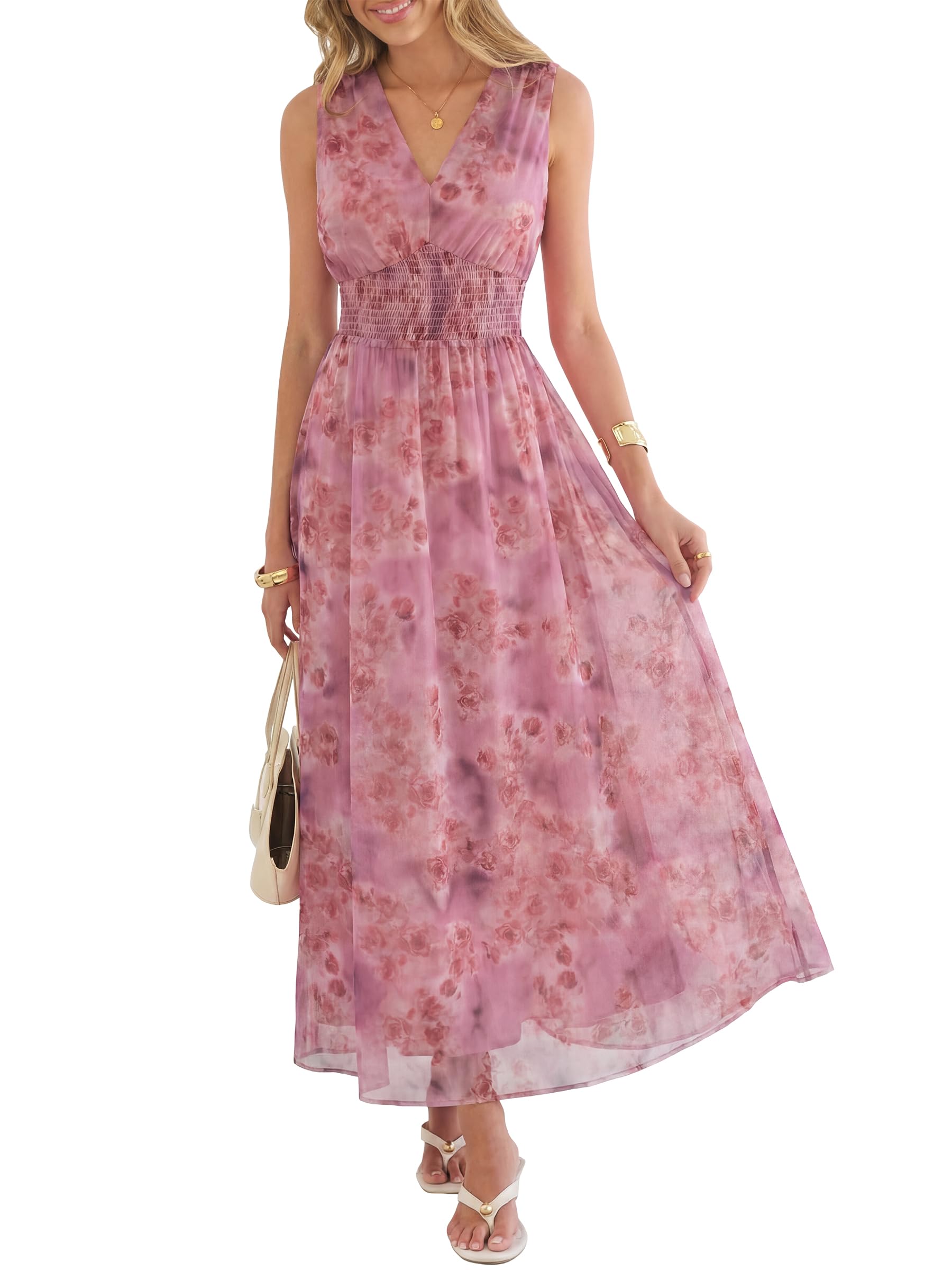 Women's Floral Tulle V Neck Sleeveless A-Line Elastic Waist Casual Flowy Formal