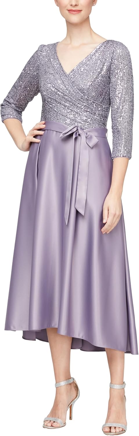 Satin Ballgown Formal Event Dress with Pockets and Tie Belt Petite and Regular Sizes