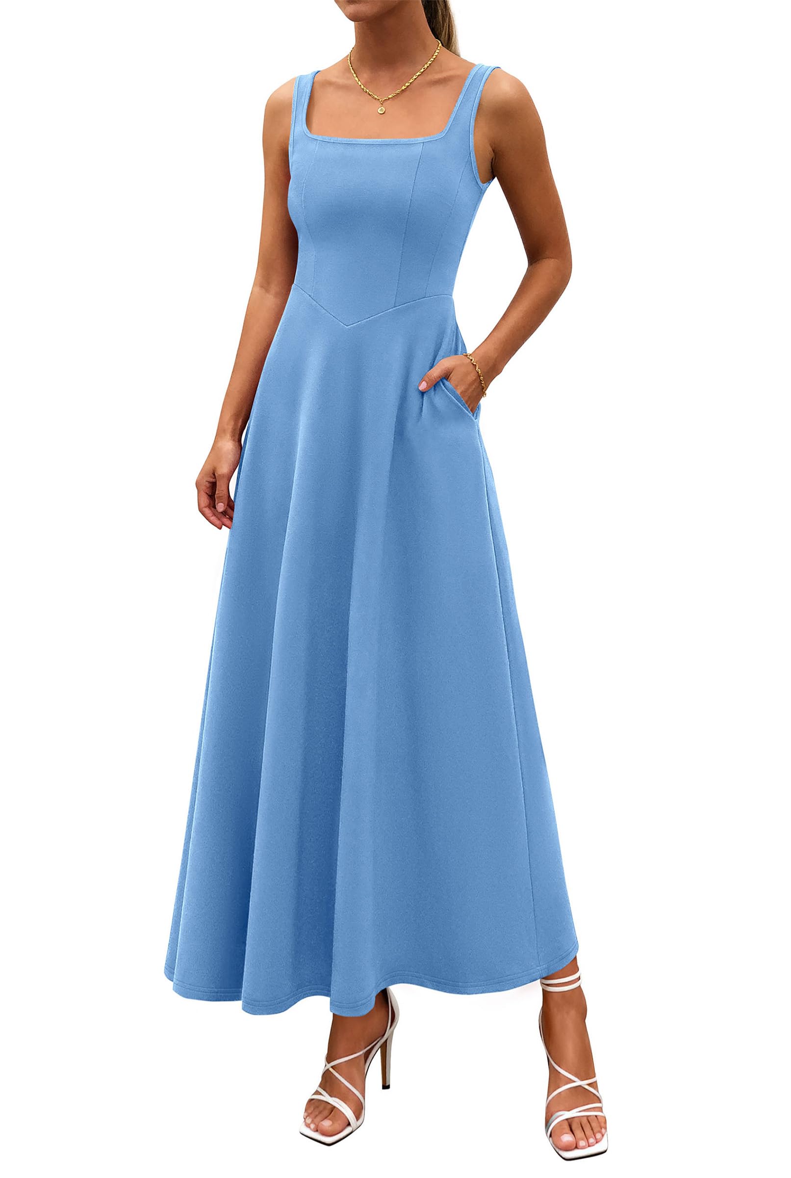 2 Neck A-Line Swing Maxi Beach Wedding Guest Dress with Pockets