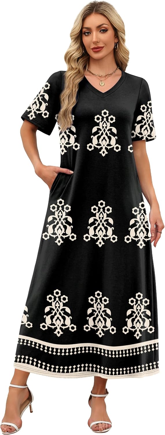 Women's V-Neck Floral Travel Summer Maxi Vacation Beach Sundress