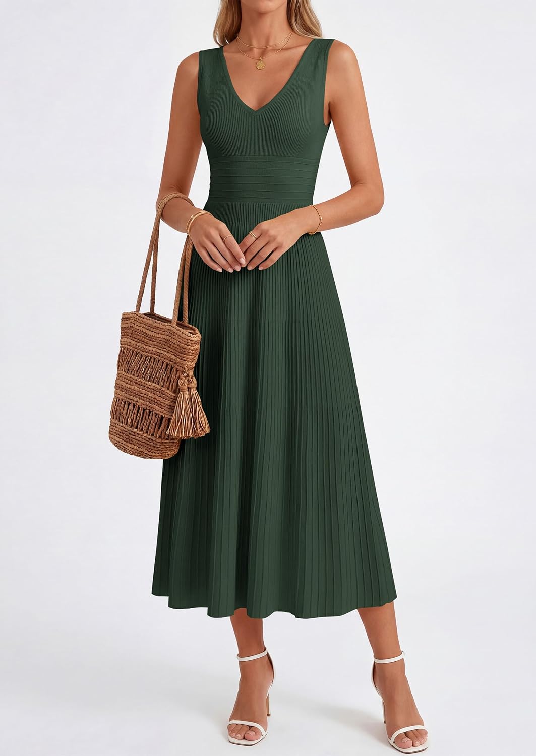 2026 Summer Sleeveless V Neck Pleated Casual Midi Work Cocktail Wedding