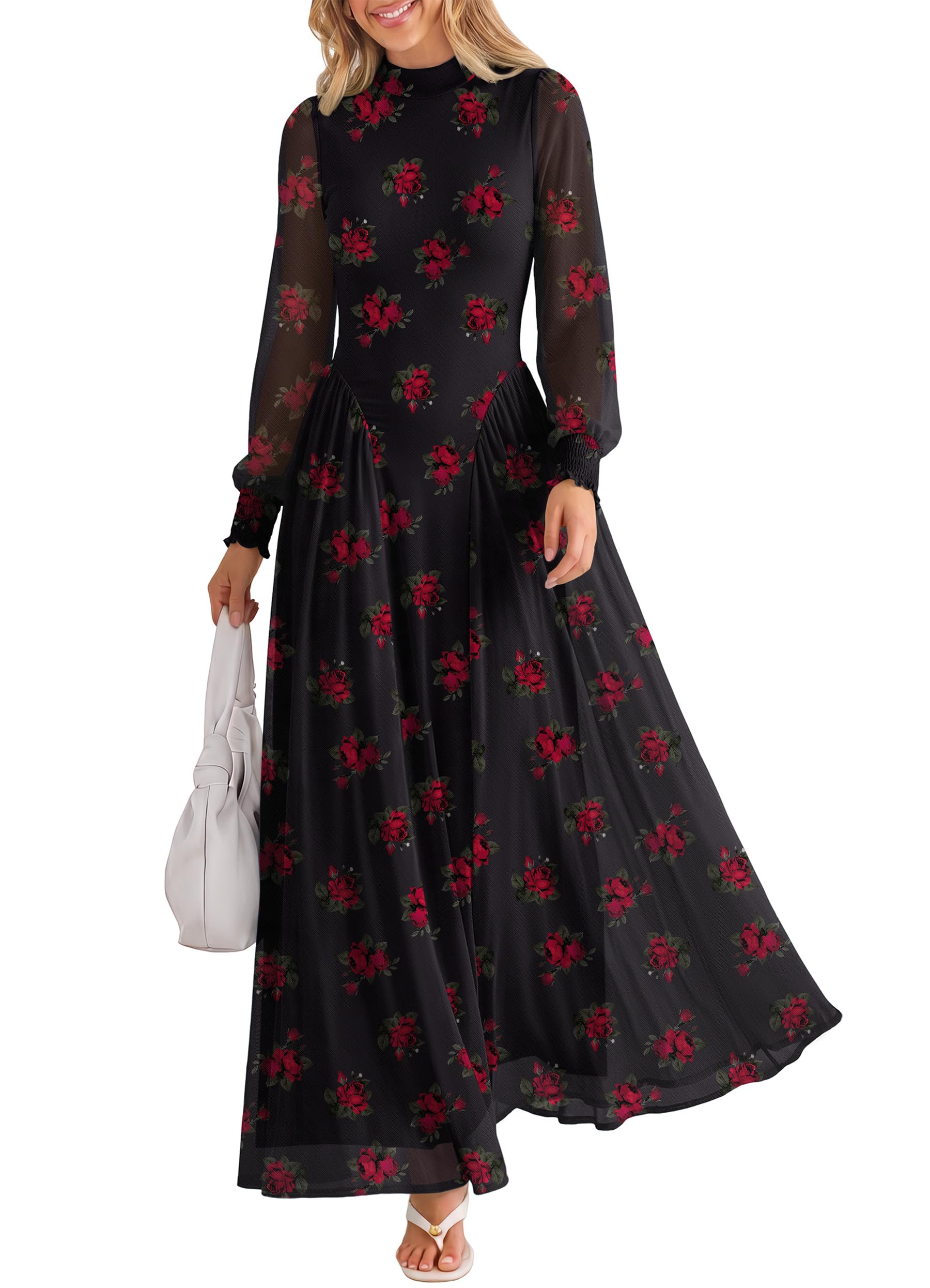 Women's Long Sleeve Mock Neck Drop Waist A-Line Floral Soft Lightweight Mesh