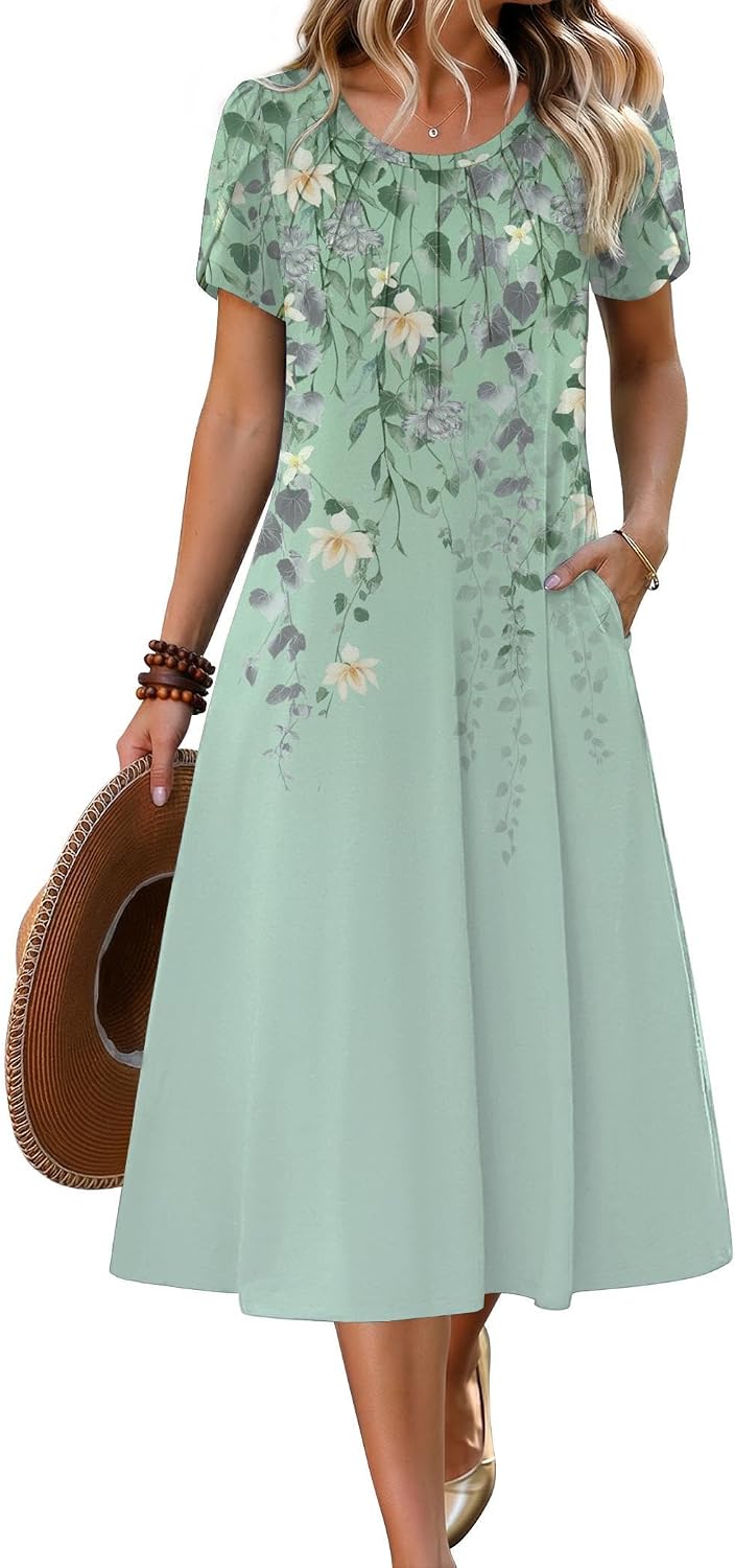 Women's 2026 Summer Petal Short Sleeve Pleated Midi A-Line Flowy Boho Casual Sundress