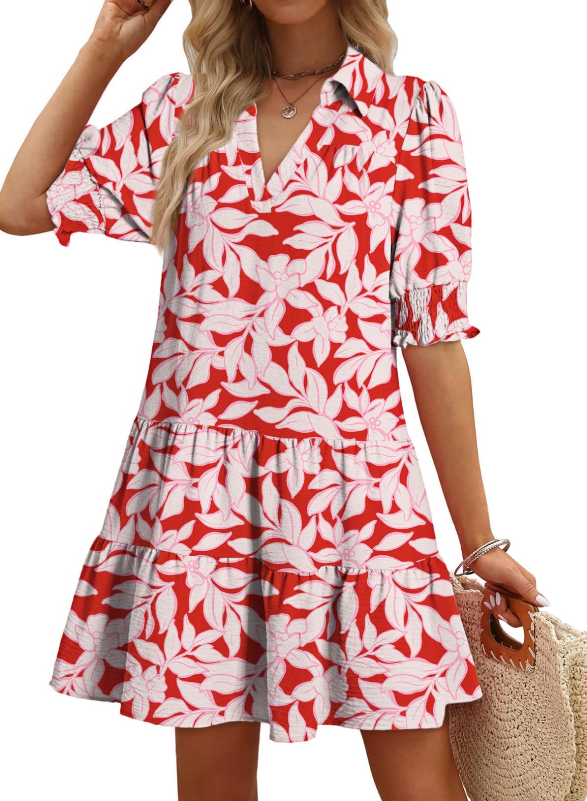Women's 2026 Summer Lapel Collared V Neck Mid Sleeved Pleated Midi Dress