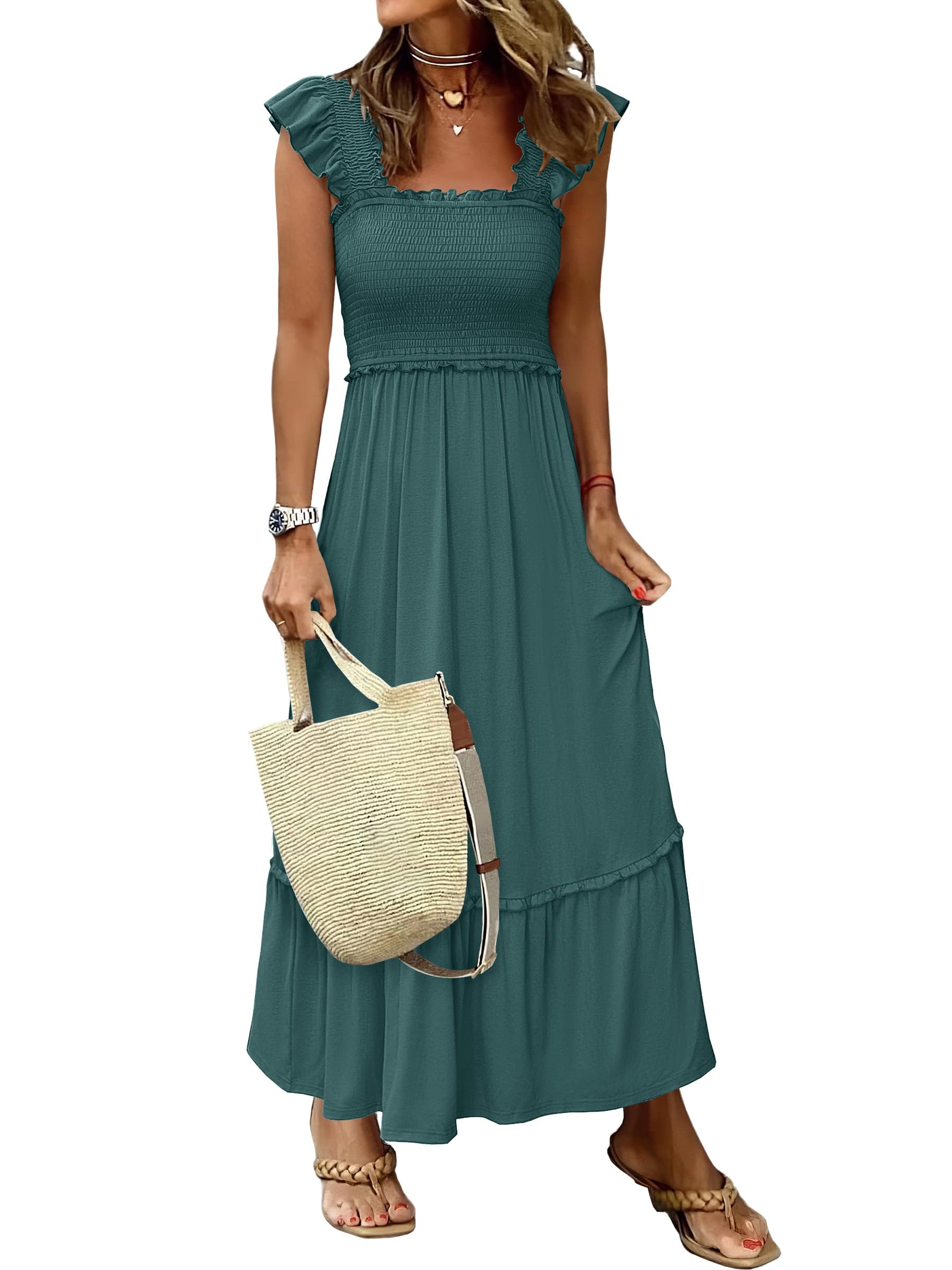 Womens Summer Sleeveless Square Neck Smocked Boho Ruffle Strap A-Line Maxi Beach Sundress