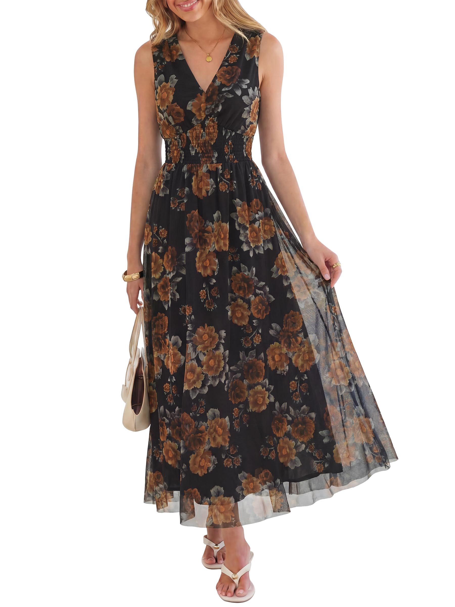 Women's Floral Tulle V Neck Sleeveless A-Line Elastic Waist Casual Flowy Formal
