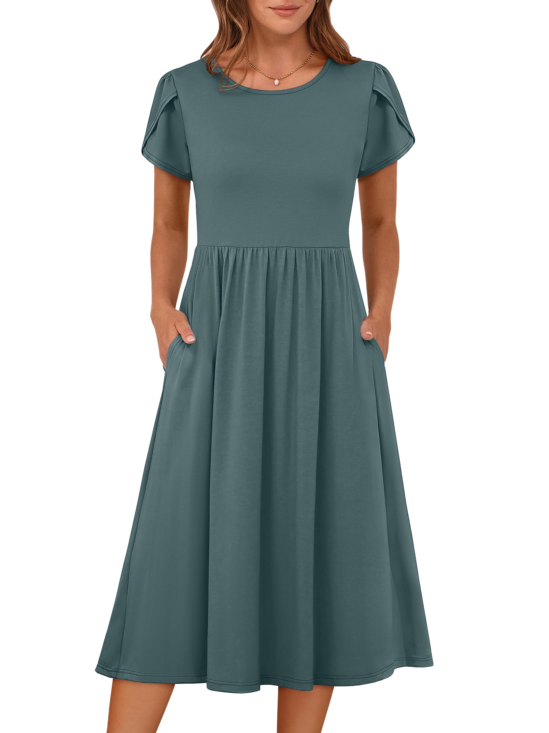 Women's Summer Short Sleeve A-Line Midi Floral T-Shirt Casual Beach Sundress with Pockets