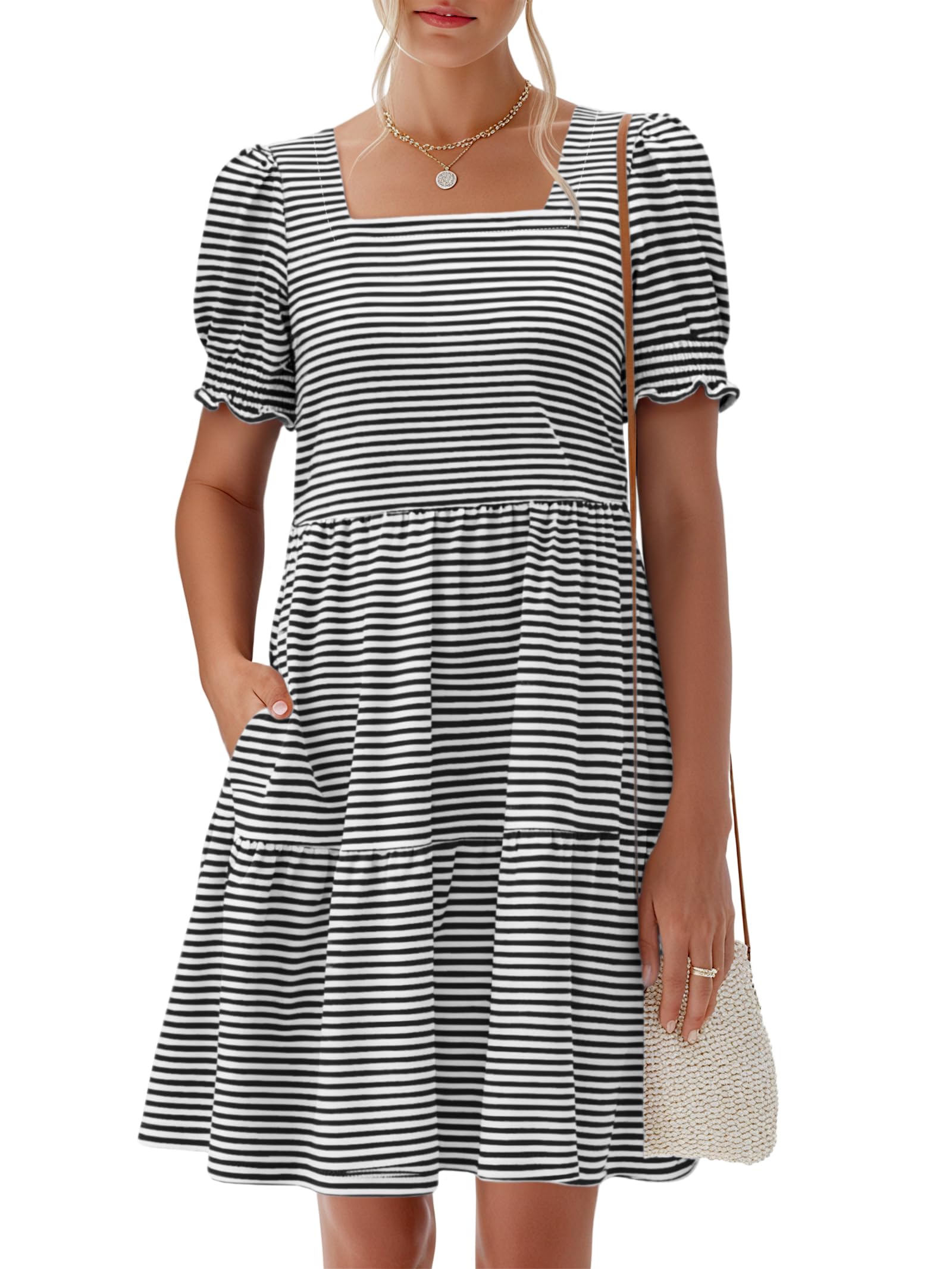 Women 2026 Summer Square Neck Puff Short Sleeve Casual Flowy Mini Sundress with Pockets for Beach Vacation