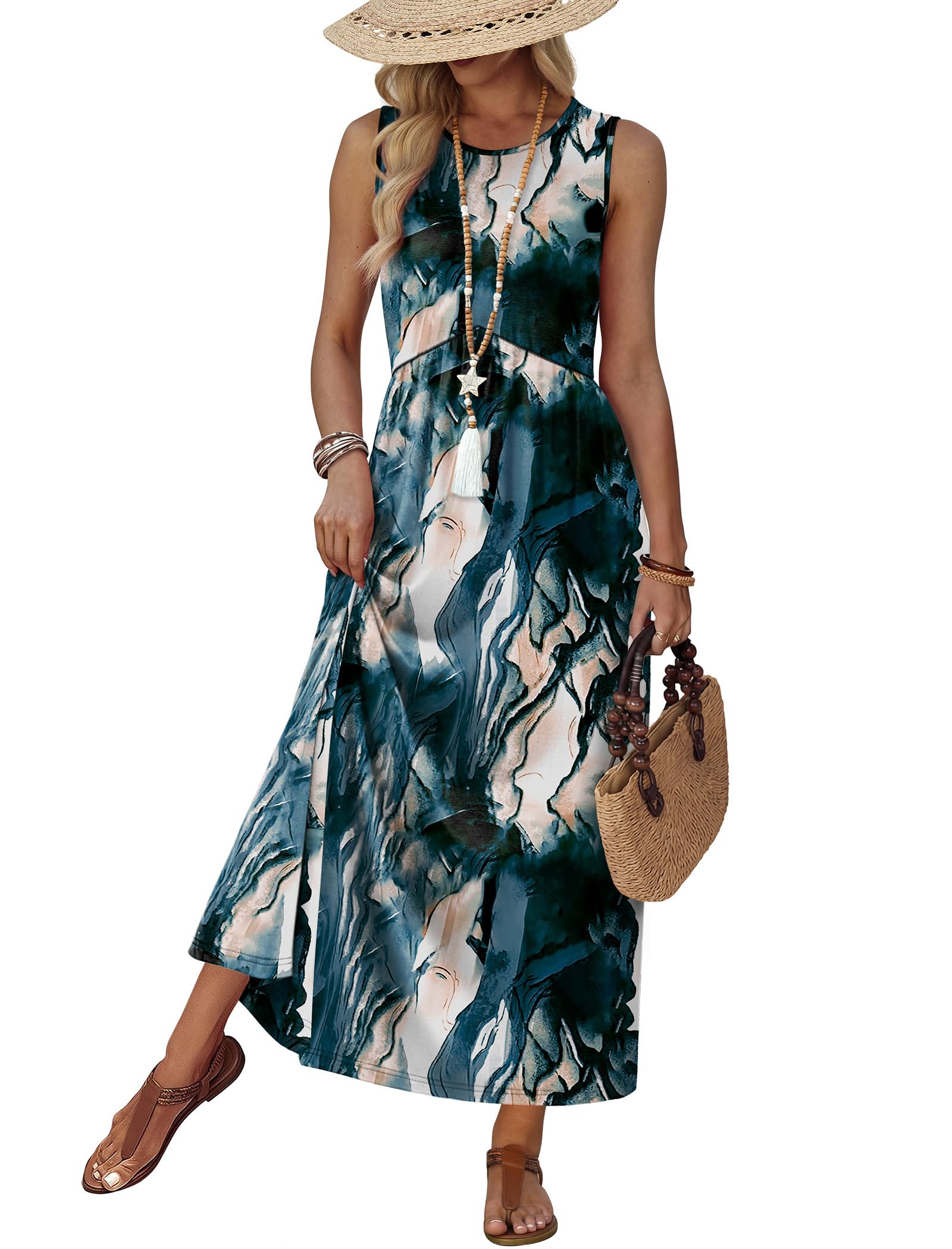 Summer  Waist Maxi Beach Vacation Sundress with Pockets