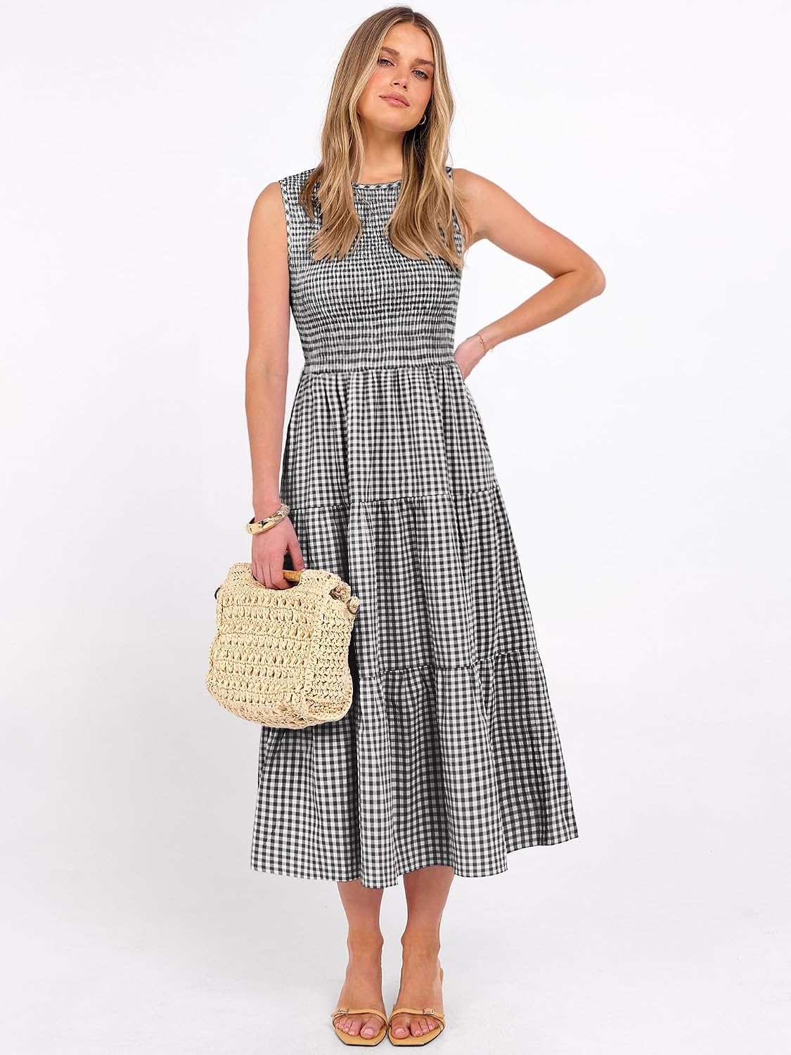 Women's Summer Sleeveless Crewneck Smocked Plaid Tiered Boho A-Line Maxi Beach Sundress