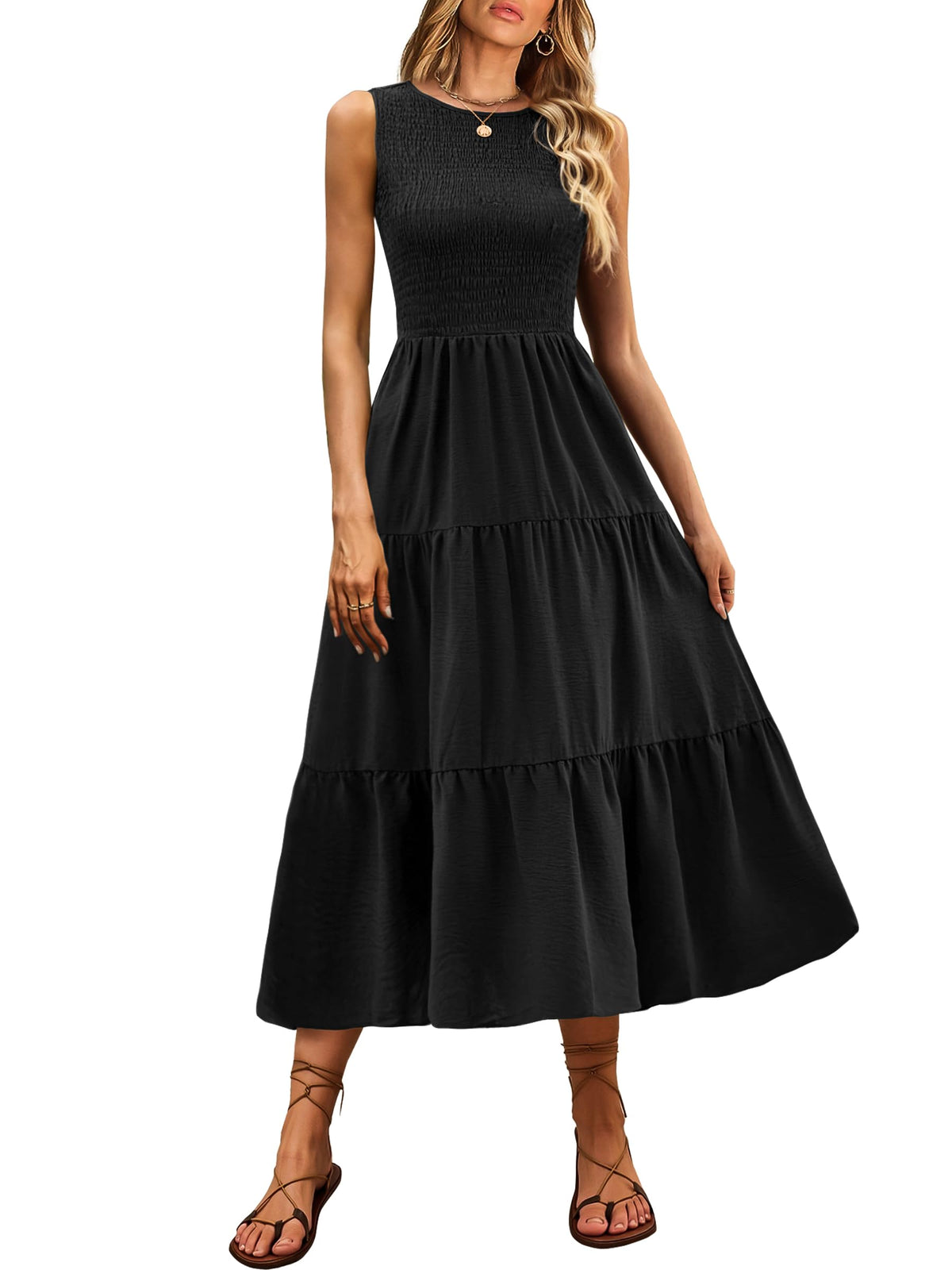 Women's Summer Sleeveless Crewneck Smocked Plaid Tiered Boho A-Line Maxi Beach Sundress