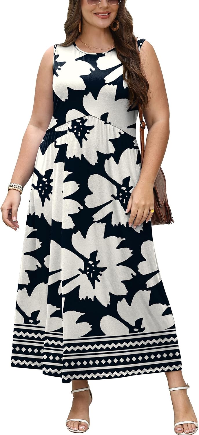 Empire Waist Maxi Summer Dress with Pockets for Beach Vacation Sundress