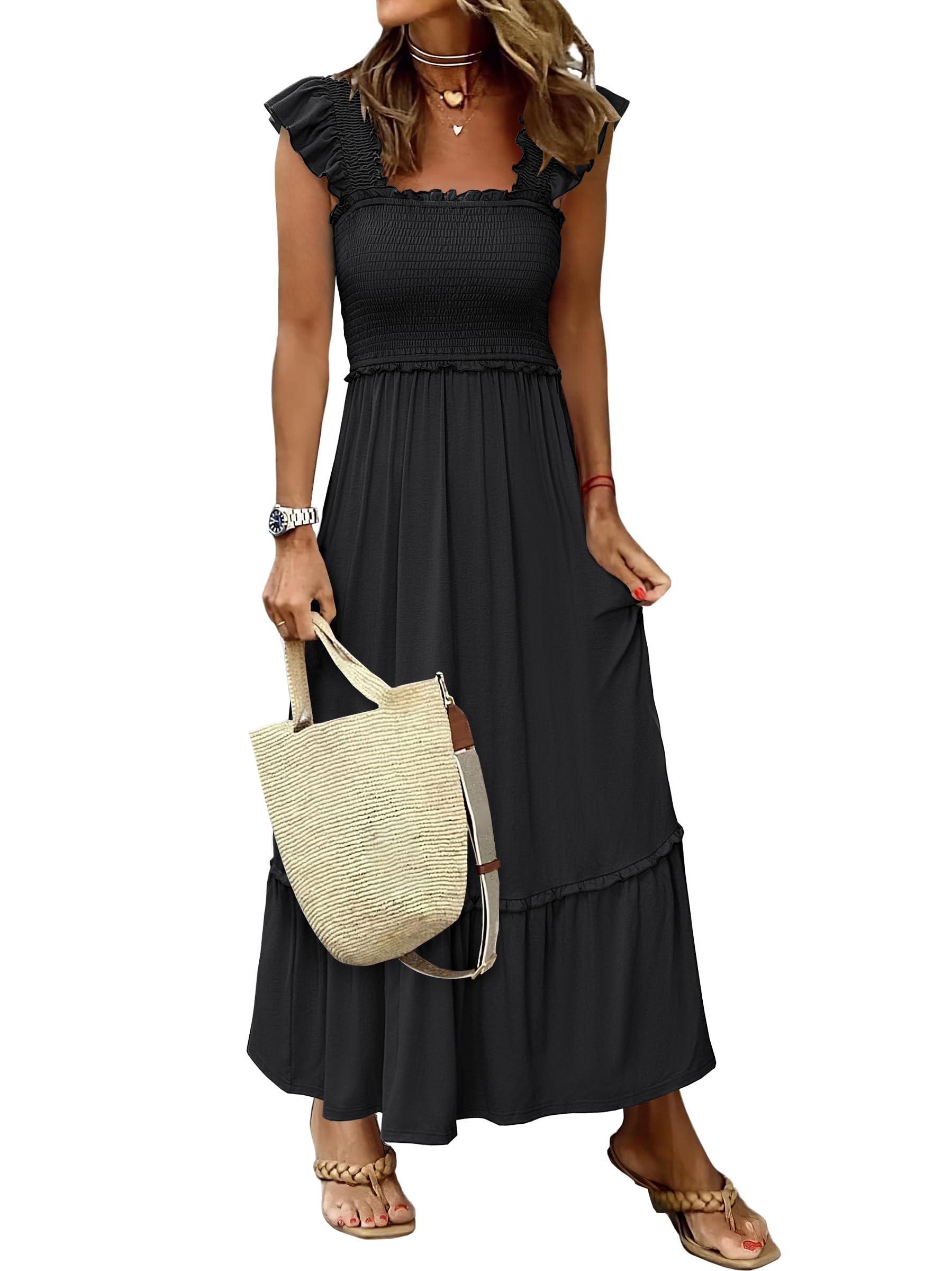 Womens Summer Sleeveless Square Neck Smocked Boho Ruffle Strap A-Line Maxi Beach Sundress