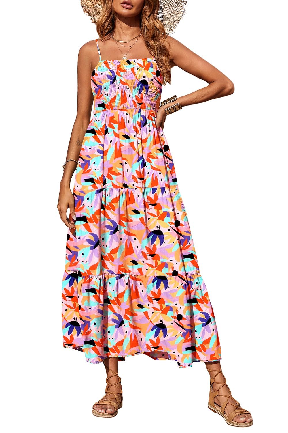 Women's 2026 Summer Casual Boho Sleeveless Spaghetti Strap Smocked Tiered Maxi Beach Sundress