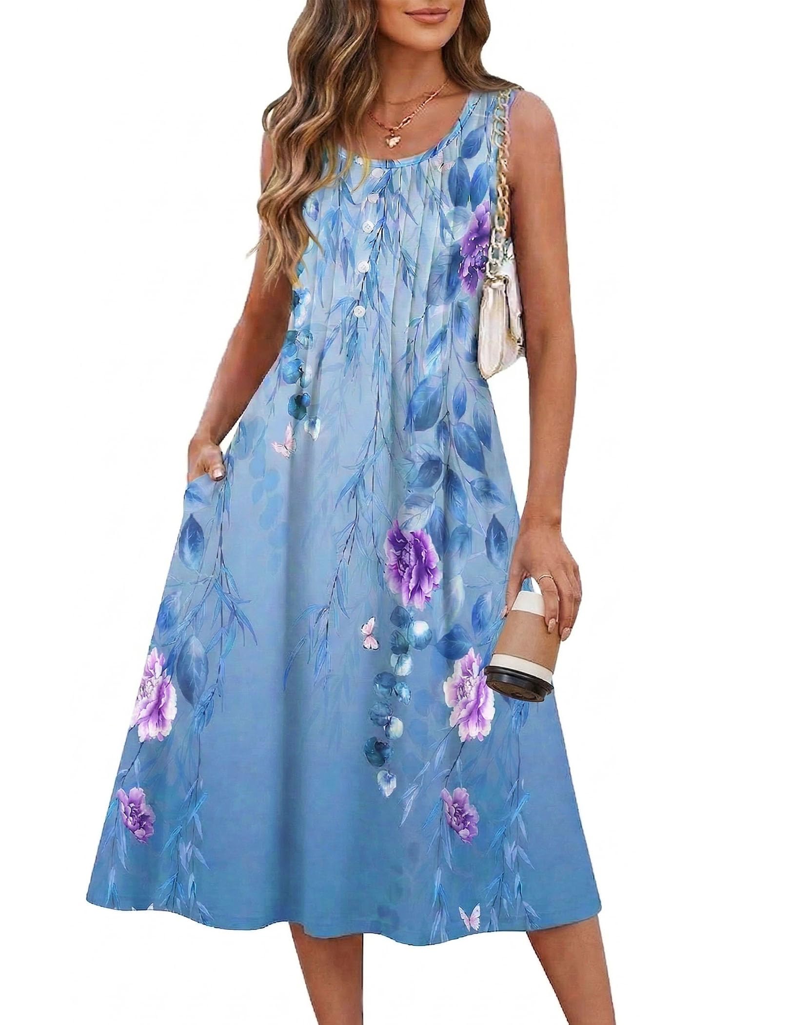 Women's Summer Flowy A-Line Casual Midi  with Pockets Beach Boho Vacation Shift Sundress
