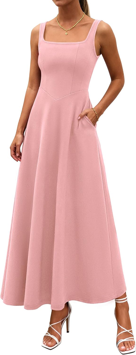 2 Neck A-Line Swing Maxi Beach Wedding Guest Dress with Pockets