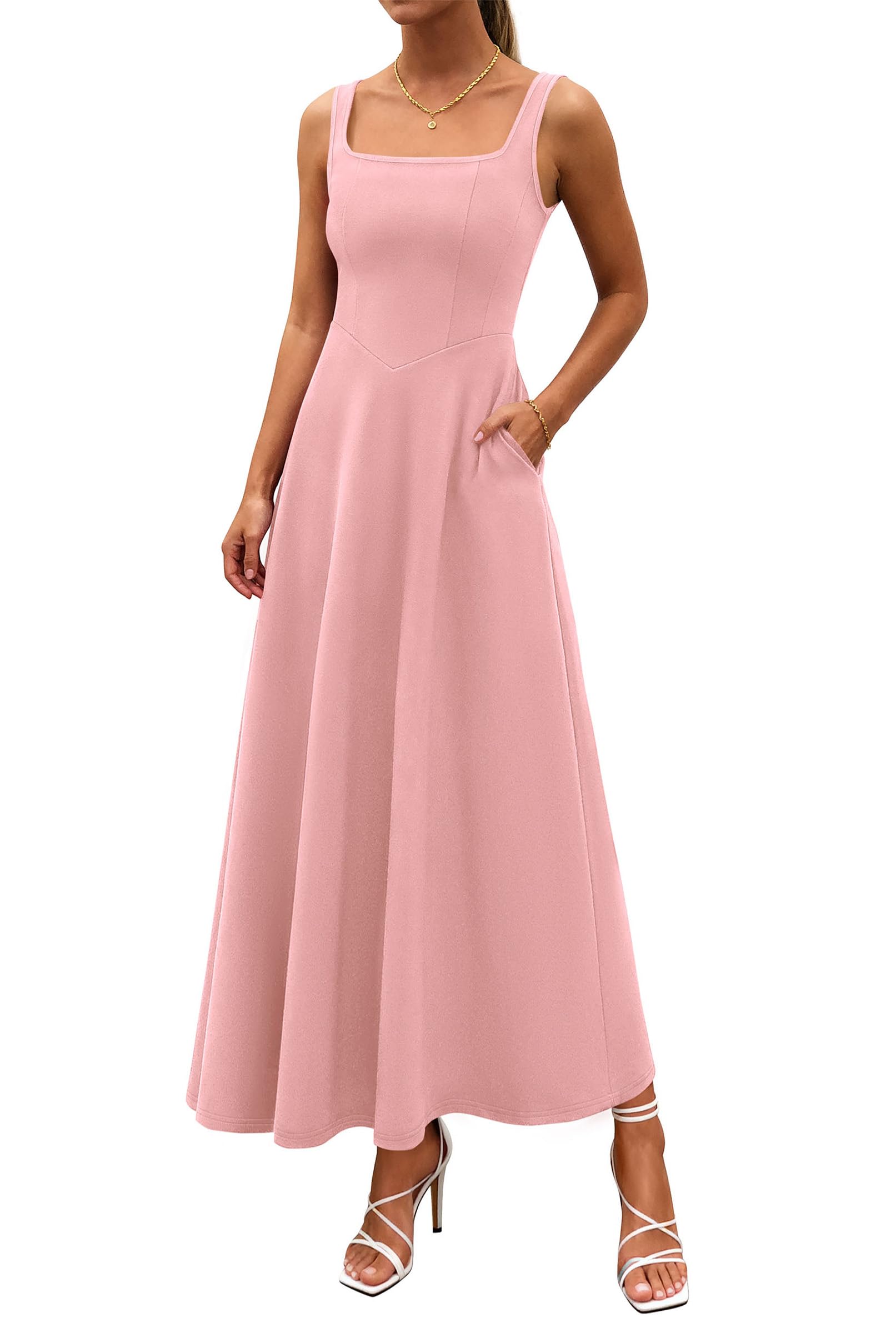 2 Neck A-Line Swing Maxi Beach Wedding Guest Dress with Pockets