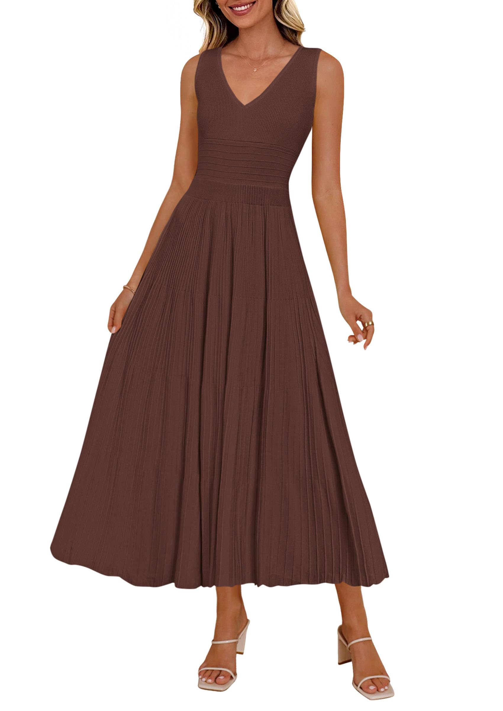 2026 Summer Sleeveless V Neck Pleated Casual Midi Work Cocktail Wedding
