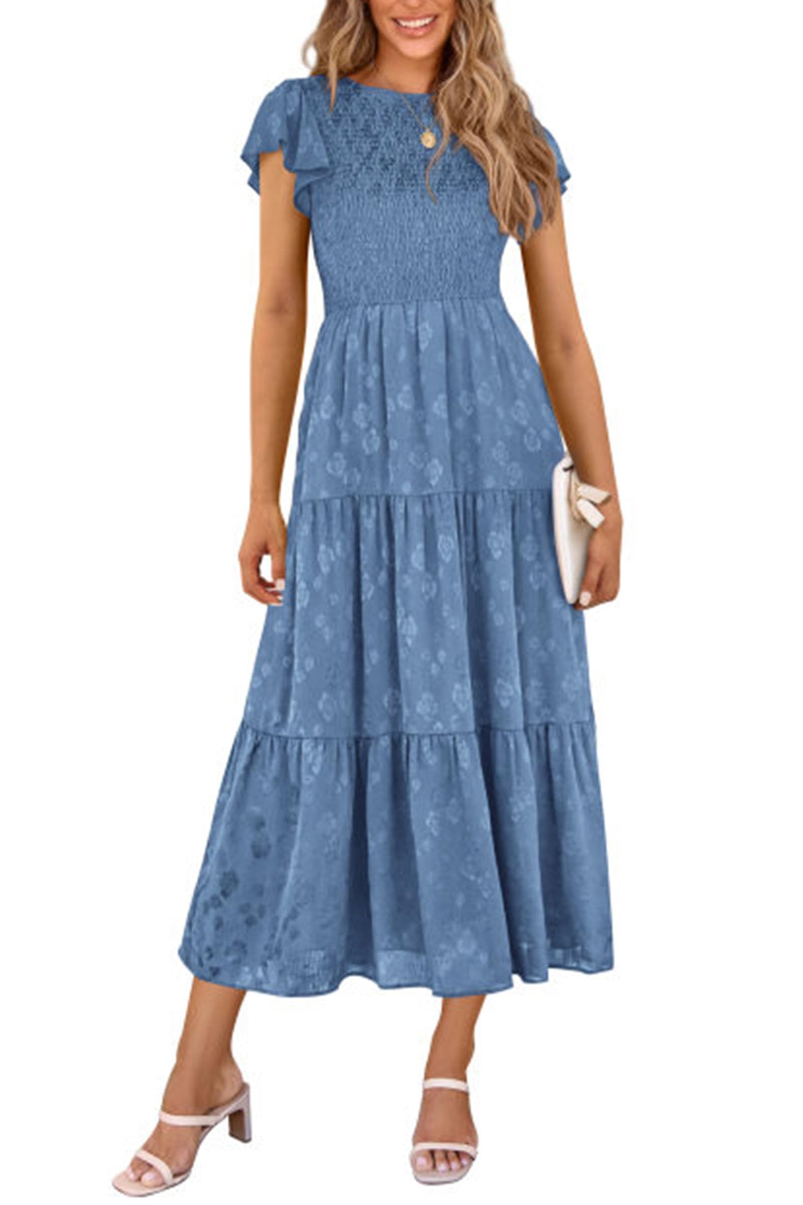 Summer Floral Cap Sleeve Smocked A Line Long Elegant Midi Wedding Guest Dress