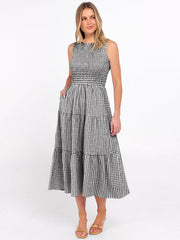 Women's Summer Sleeveless Crewneck Smocked Plaid Tiered Boho A-Line Maxi Beach Sundress