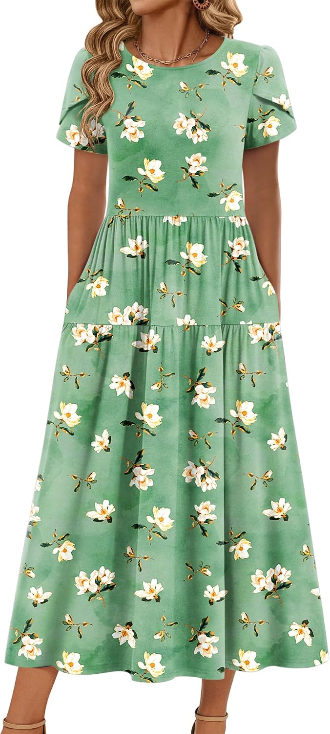 Summer Bohemian Floral Short Sleeve Casual Flowy Tired Maxi Beach Sundress for