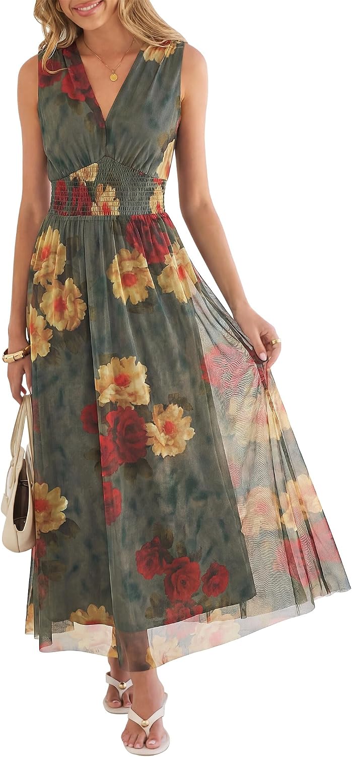 Women's Floral Tulle V Neck Sleeveless A-Line Elastic Waist Casual Flowy Formal