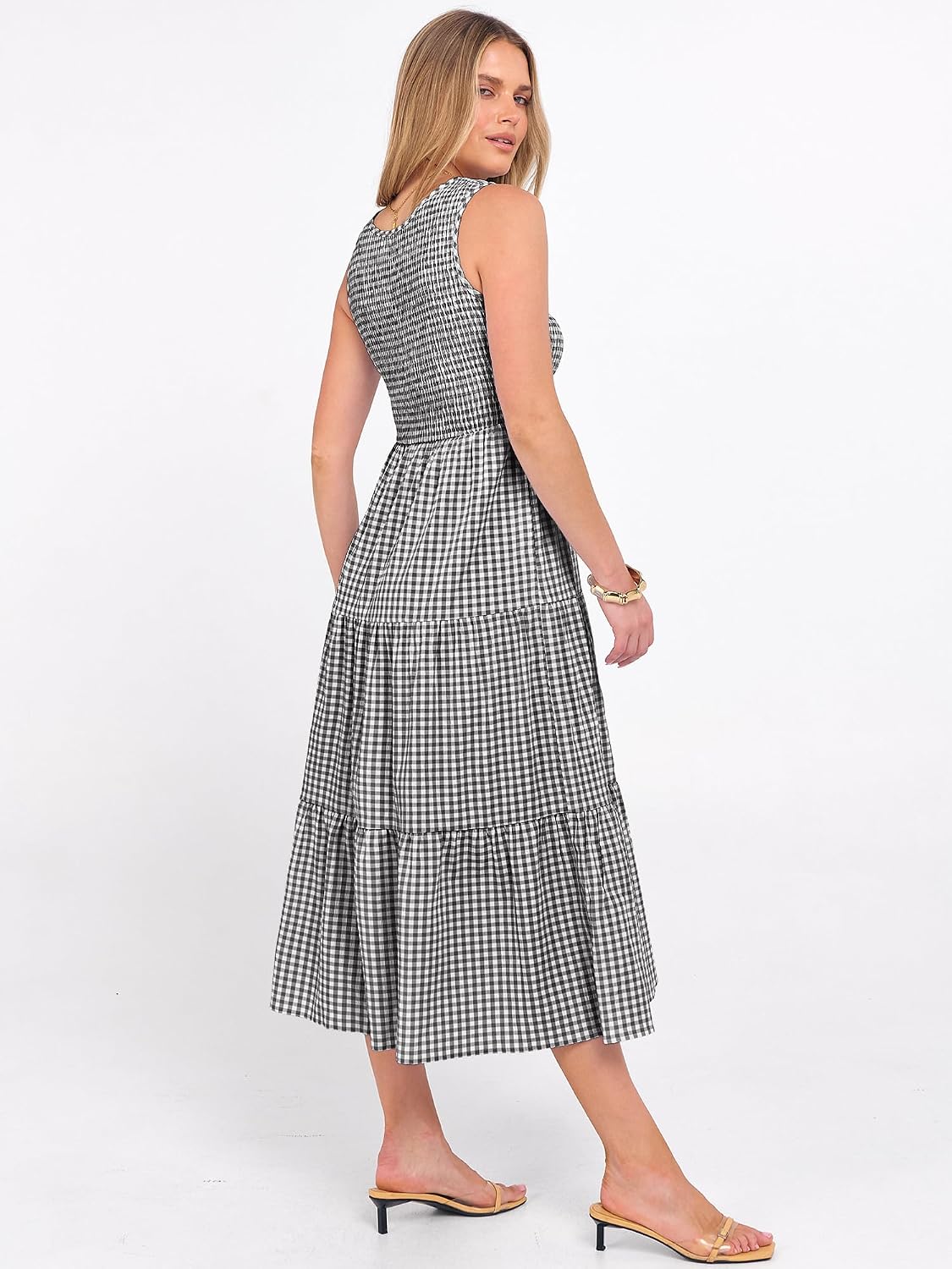 Women's Summer Sleeveless Crewneck Smocked Plaid Tiered Boho A-Line Maxi Beach Sundress