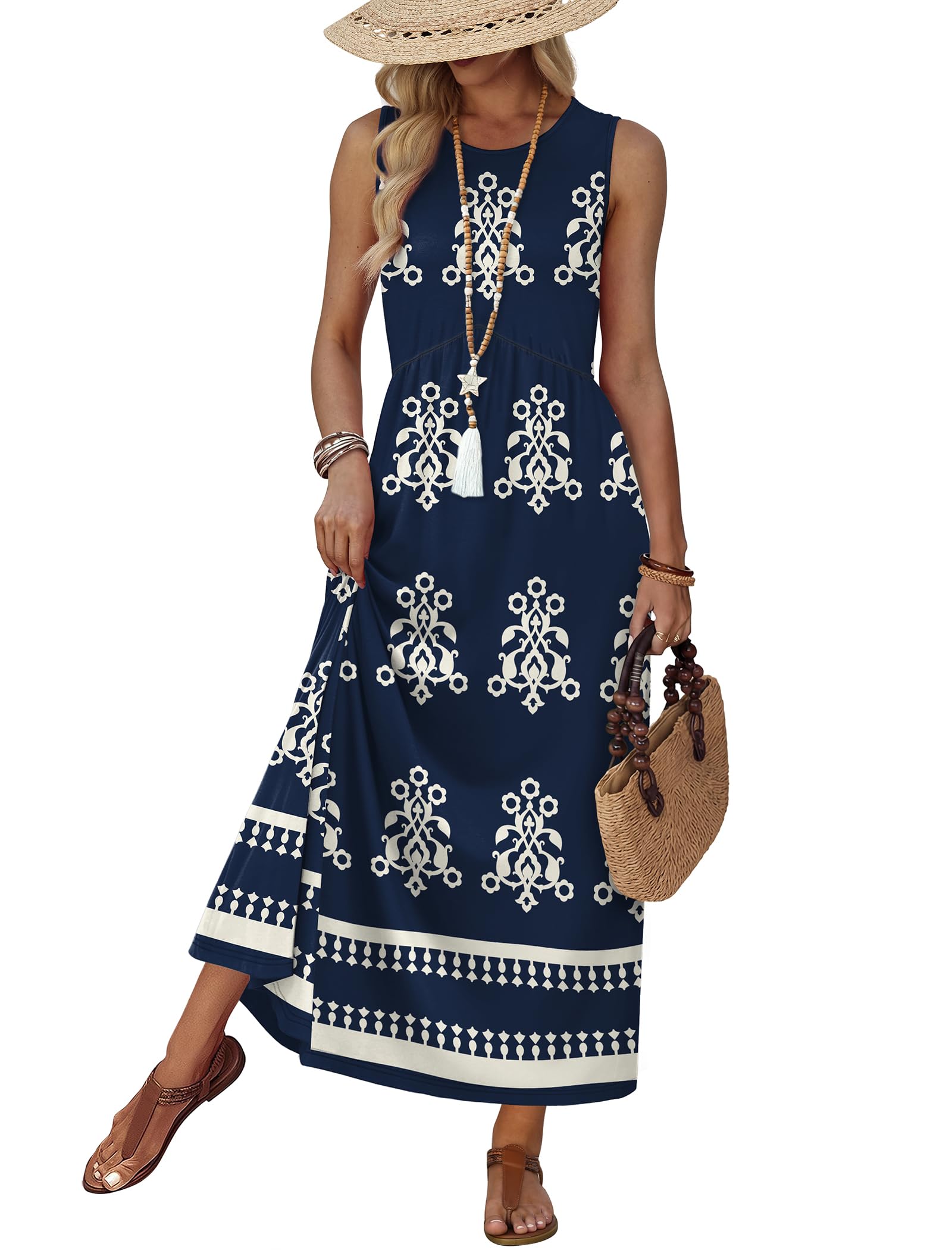 Empire Waist Maxi Summer Dress with Pockets for Beach Vacation Sundress