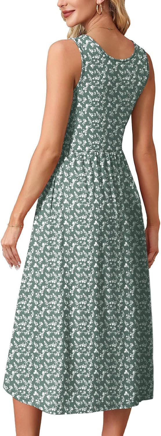Women's Summer Flowy Casual Midi Beach Vacation Sundress with Pockets
