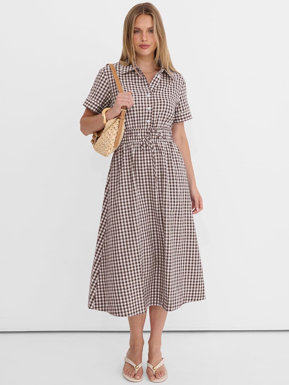 Women Summer Short Sleeve Striped & Gingham Casual A-Line Button Collar