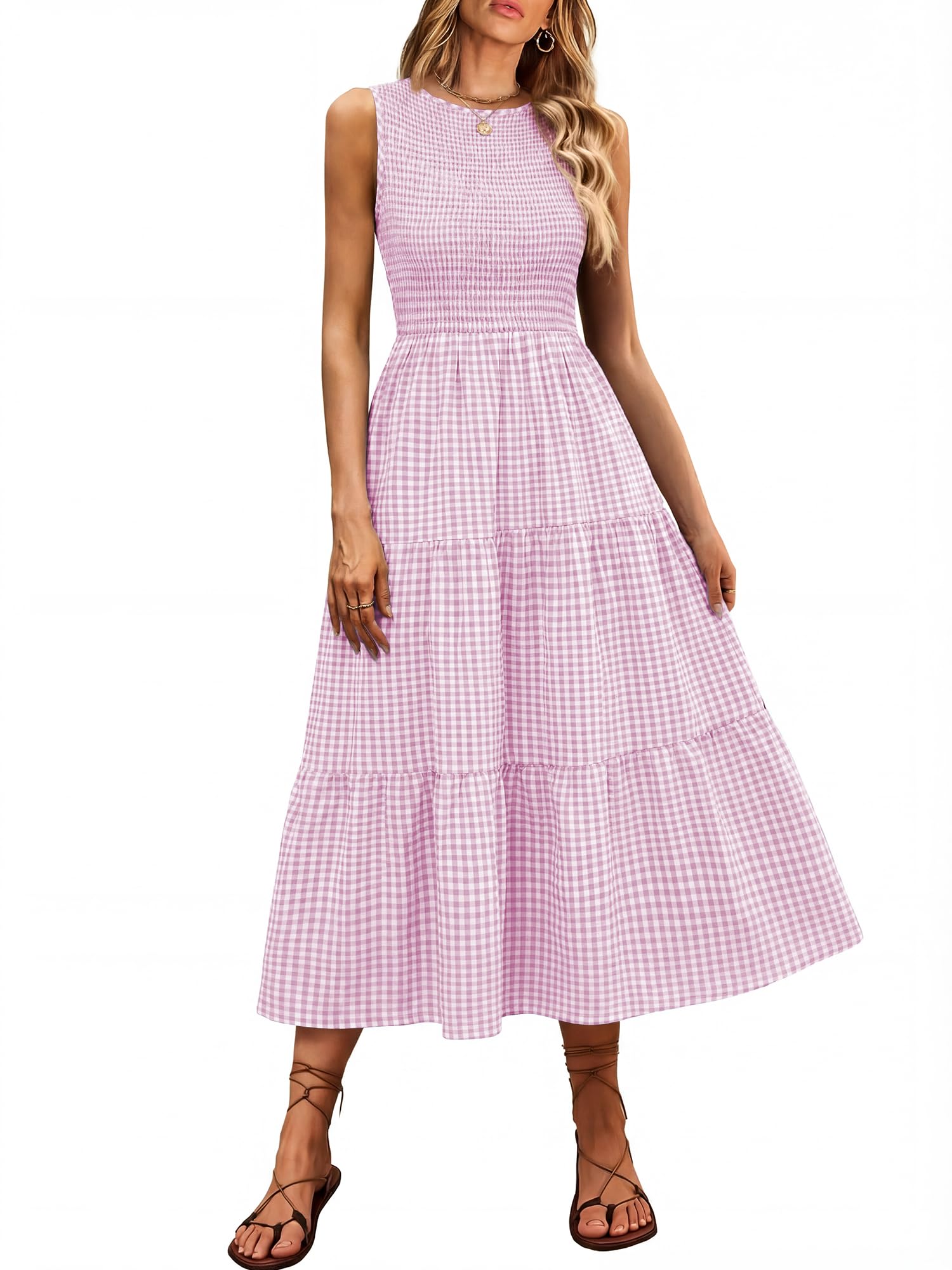 Women's Summer Sleeveless Crewneck Smocked Plaid Tiered Boho A-Line Maxi Beach Sundress
