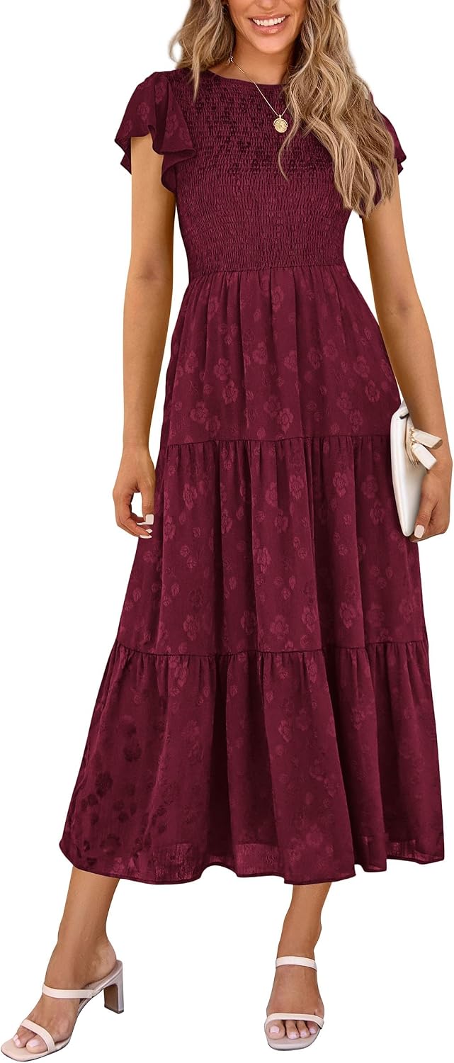 Women's 2026 Summer Floral Cap Sleeve Smocked A-Line Long Elegant Midi Spring Wedding Guest Dress