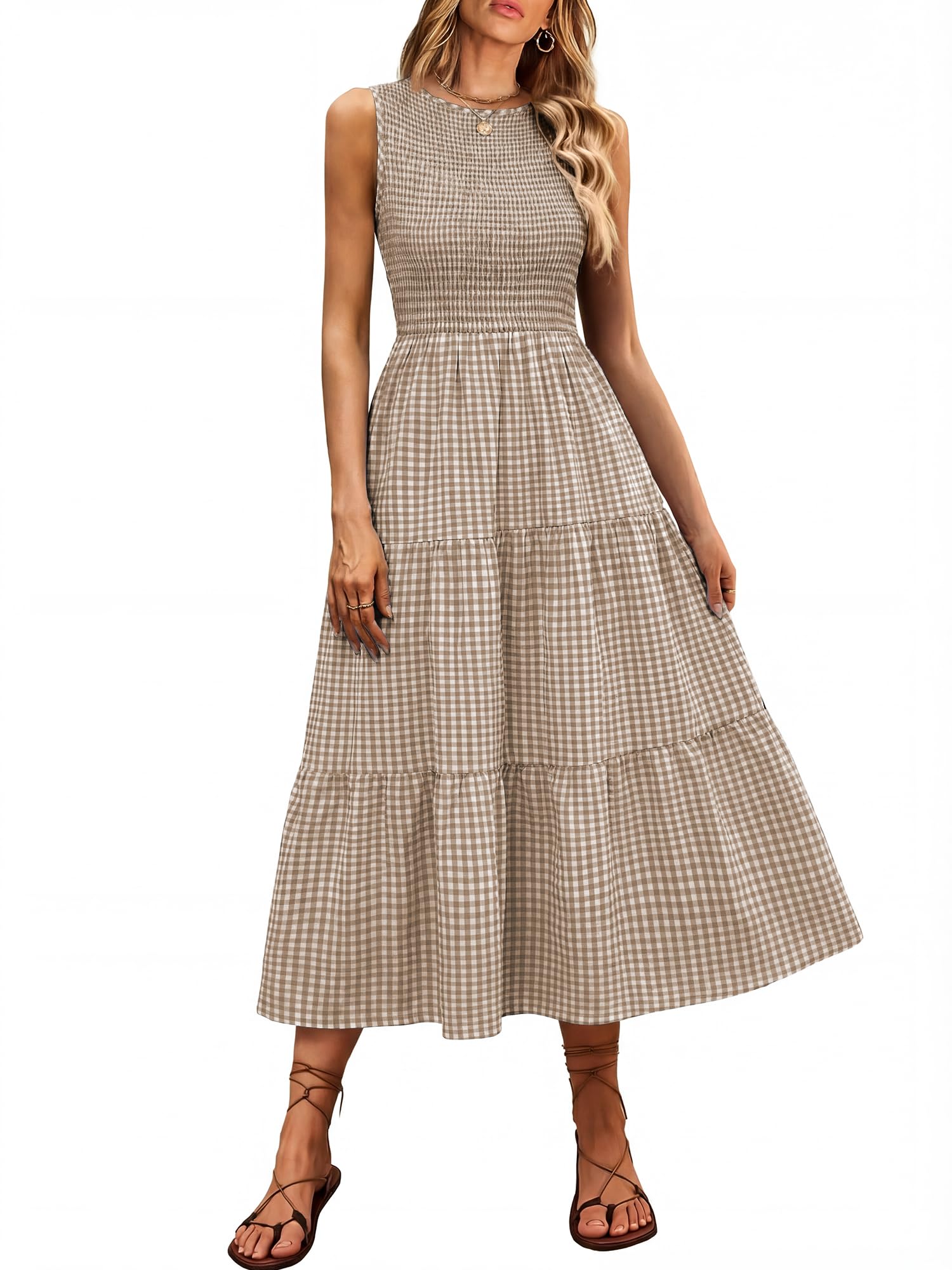 Women's Summer Sleeveless Crewneck Smocked Plaid Tiered Boho A-Line Maxi Beach Sundress