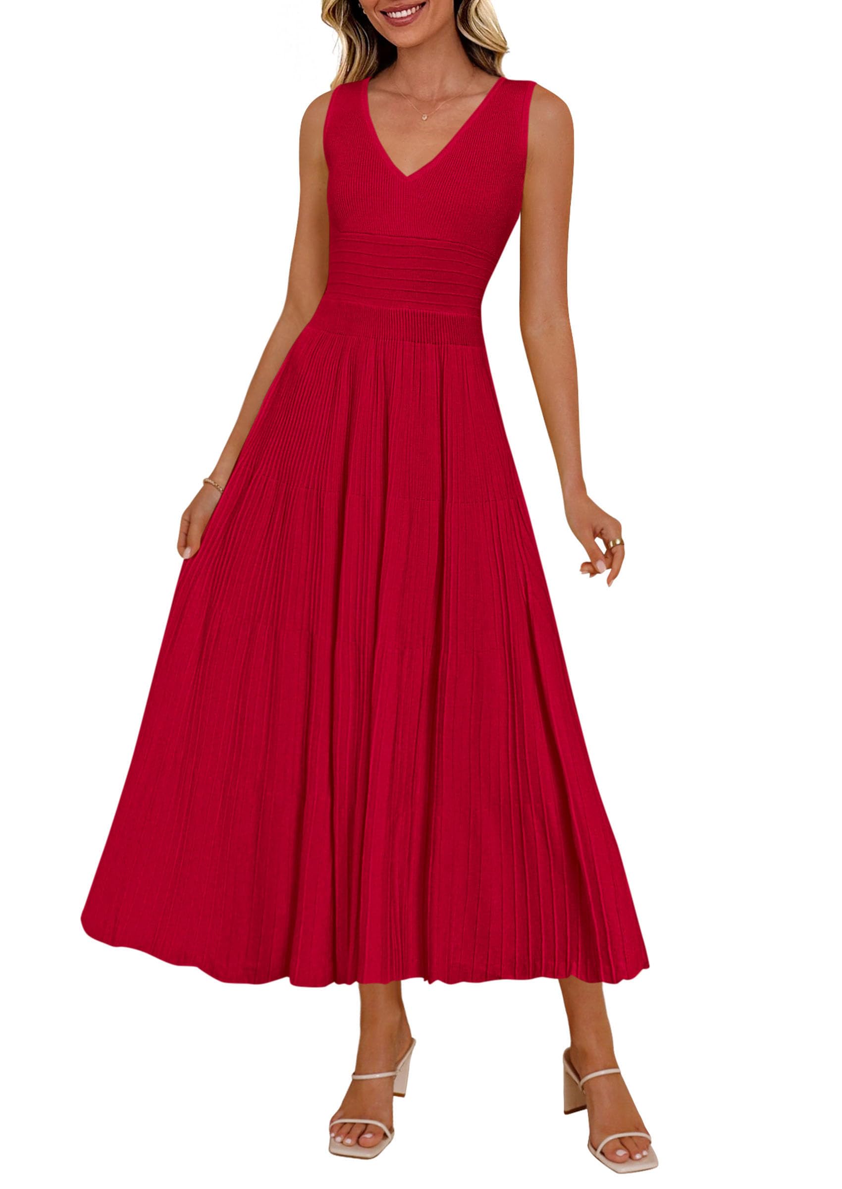 2026 Summer Sleeveless V Neck Pleated Casual Midi Work Cocktail Wedding