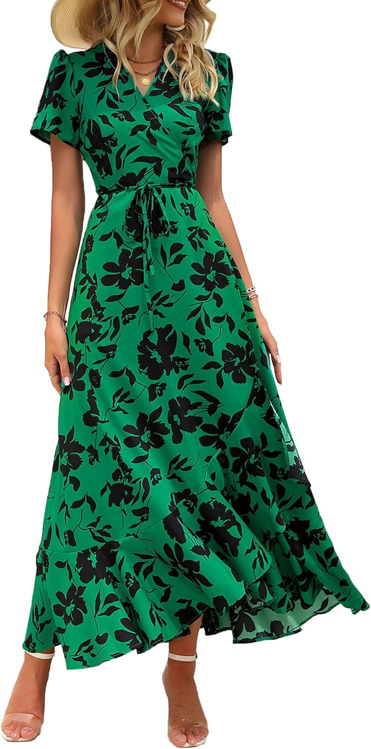 Women's Summer Short Sleeve  Floral Maxi Long Flowy Beach Vacation Wedding Guest Dress