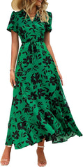 Women's Summer Short Sleeve  Floral Maxi Long Flowy Beach Vacation Wedding Guest Dress