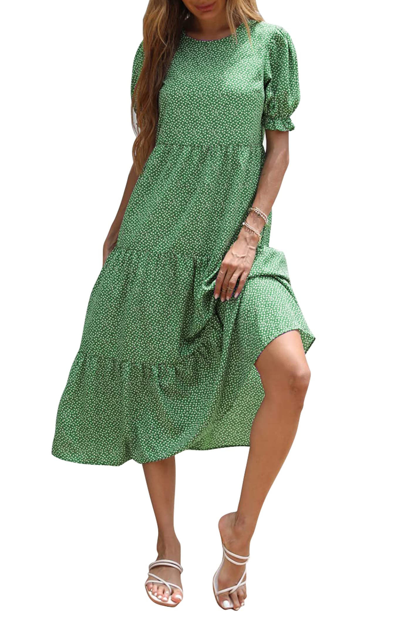 Summer Casual Floral Boho Puff Short Sleeve Flowy Midi Beach Vacation Sun Dress
