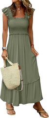 Womens Summer Sleeveless Square Neck Smocked Boho Ruffle Strap A-Line Maxi Beach Sundress