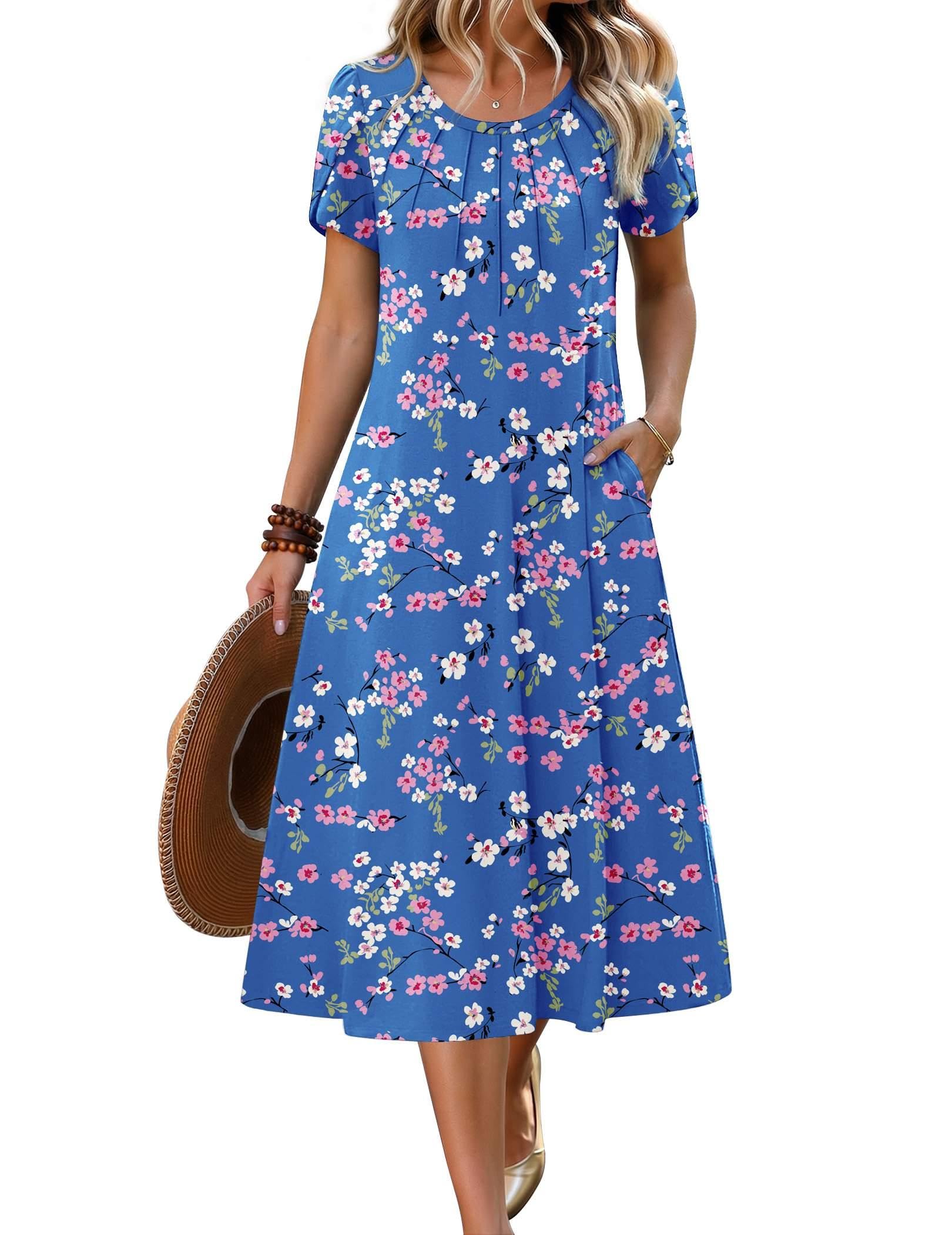 Women's 2026 Summer Petal Short Sleeve Pleated Midi A-Line Flowy Boho Casual Sundress