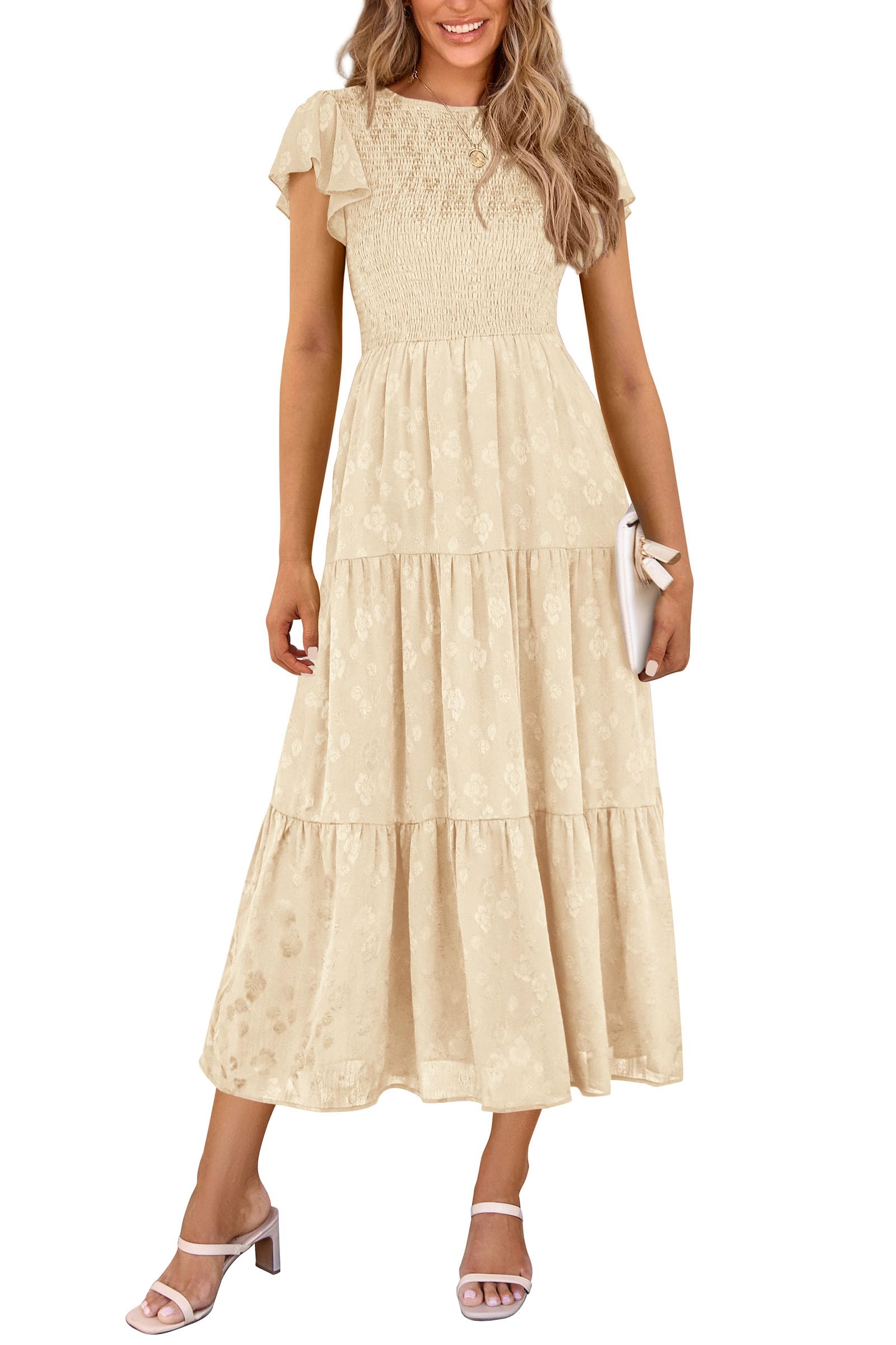 Women's 2026 Summer Floral Cap Sleeve Smocked A-Line Long Elegant Midi Spring Wedding Guest Dress