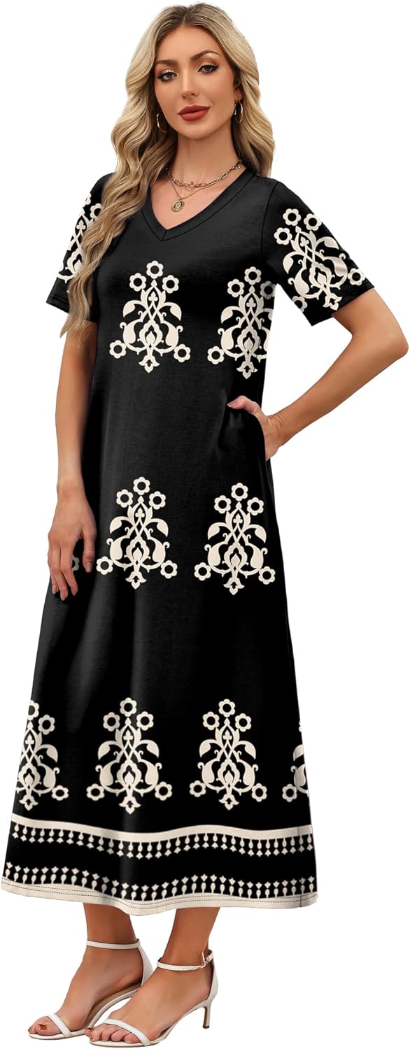 Women's V Neck Floral Maxi Summer Vacation Beach Travel Sundress
