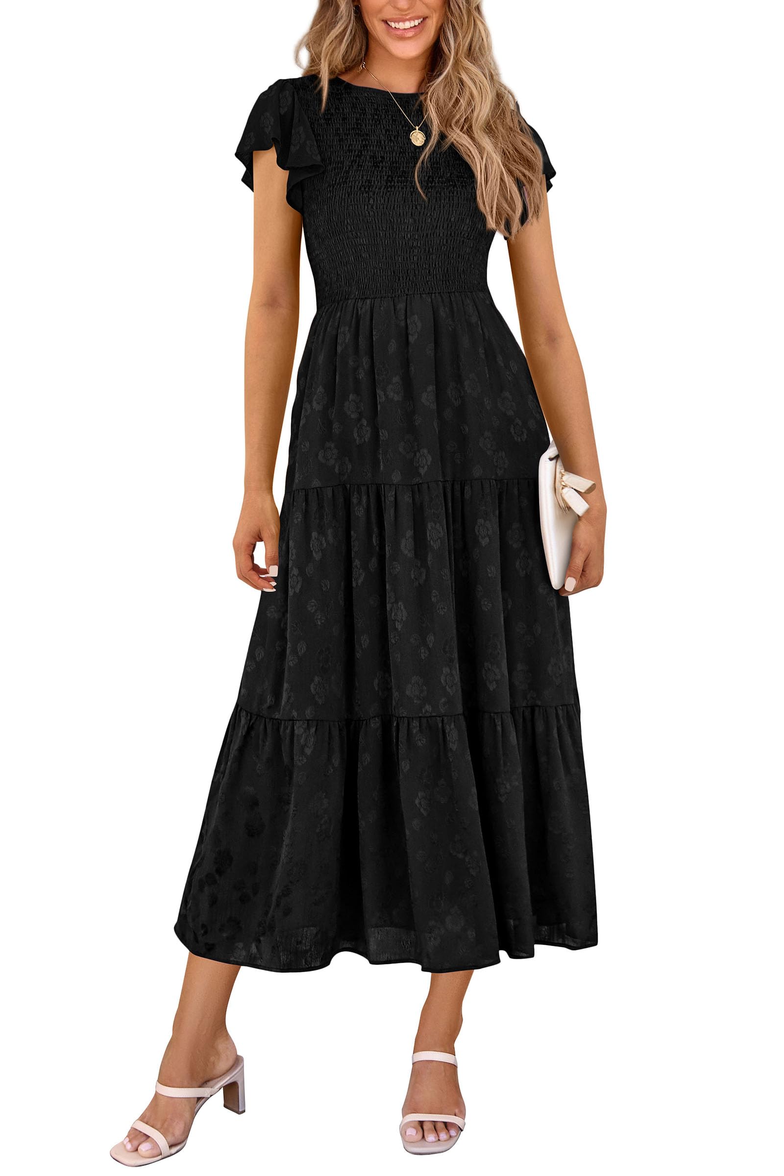 Summer Floral Cap Sleeve Smocked A Line Long Elegant Midi Wedding Guest Dress