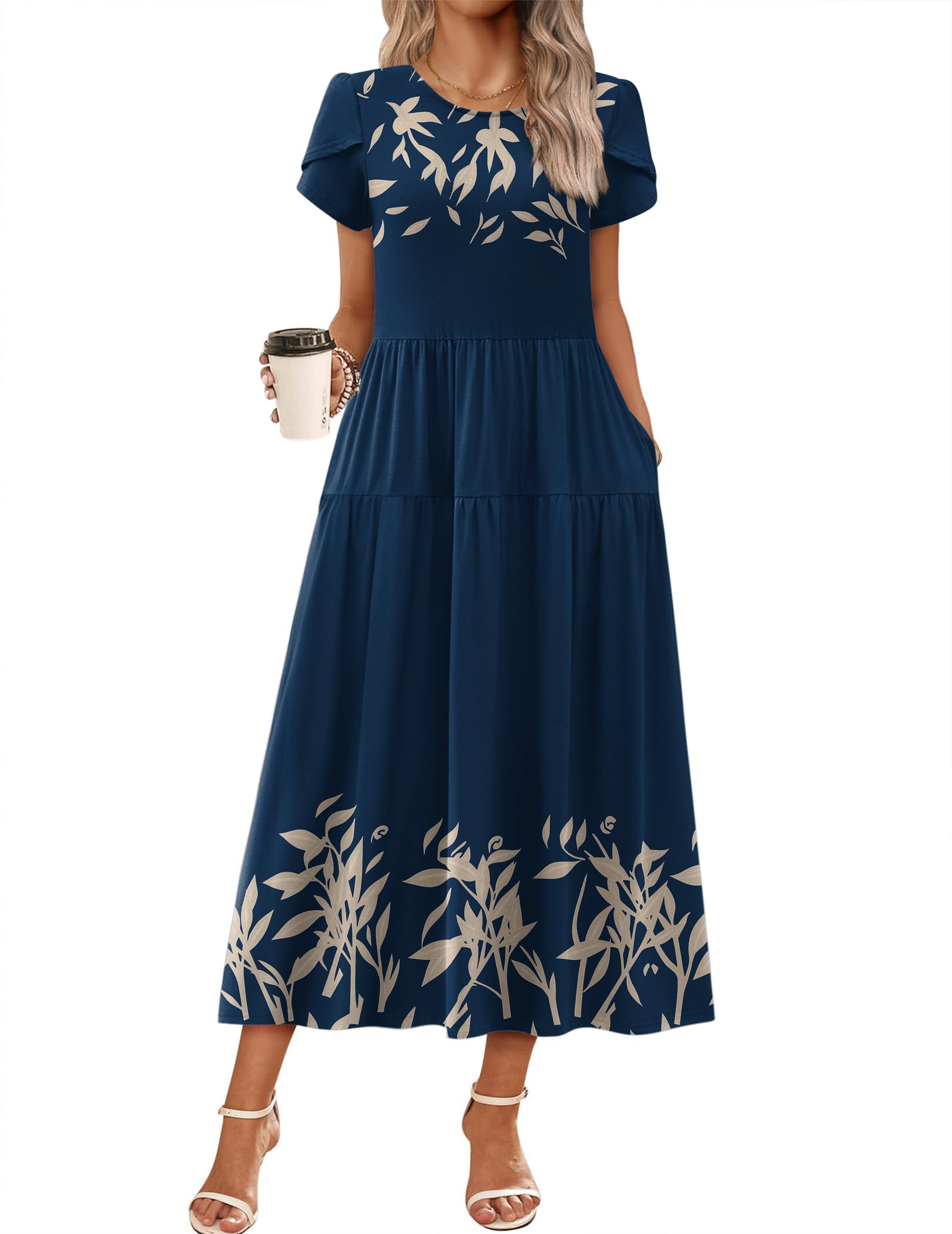 Summer Bohemian Floral Short Sleeve Casual Flowy Tired Maxi Beach Sundress for