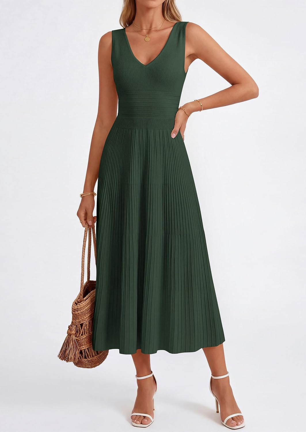 2026 Summer Sleeveless V Neck Pleated Casual Midi Work Cocktail Wedding
