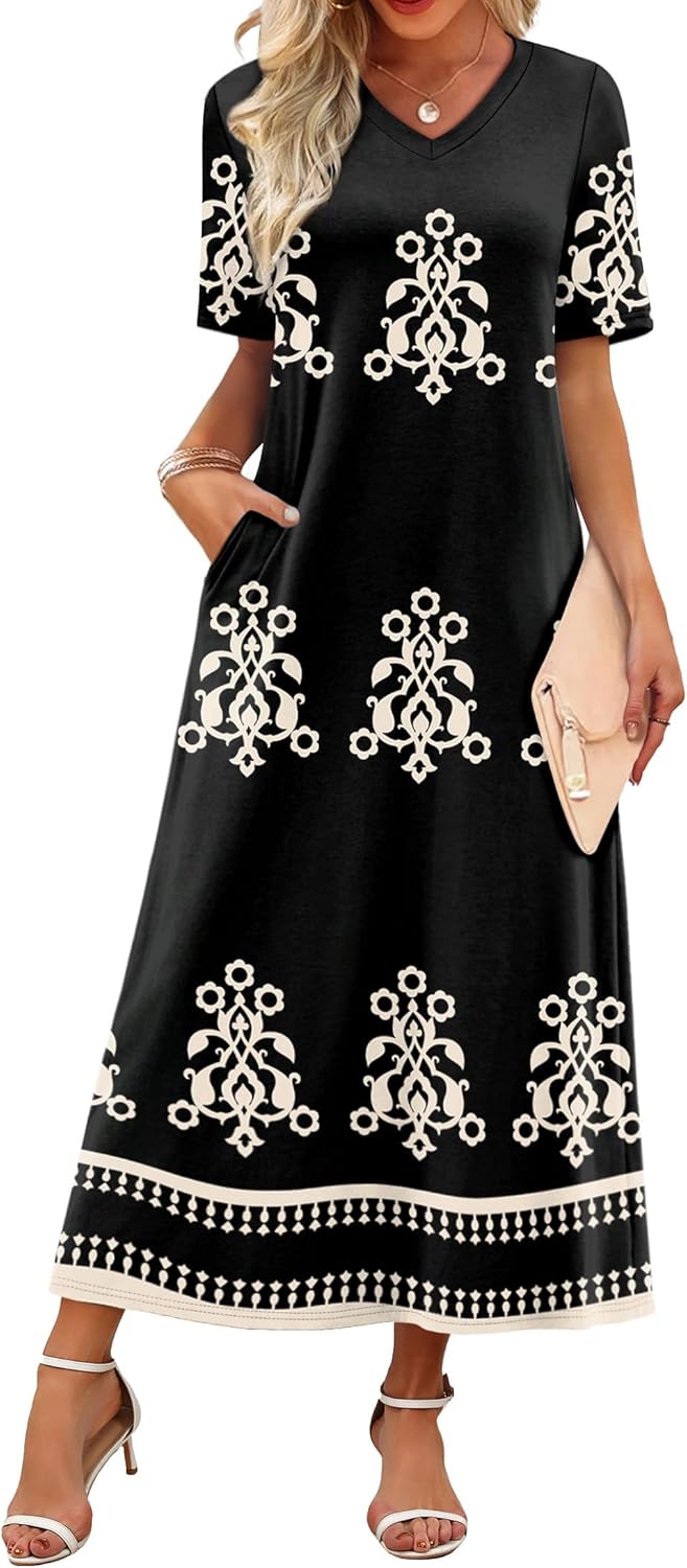 Women's V-Neck Floral Travel Summer Maxi Vacation Beach Sundress