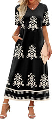 Women's V-Neck Floral Travel Summer Maxi Vacation Beach Sundress