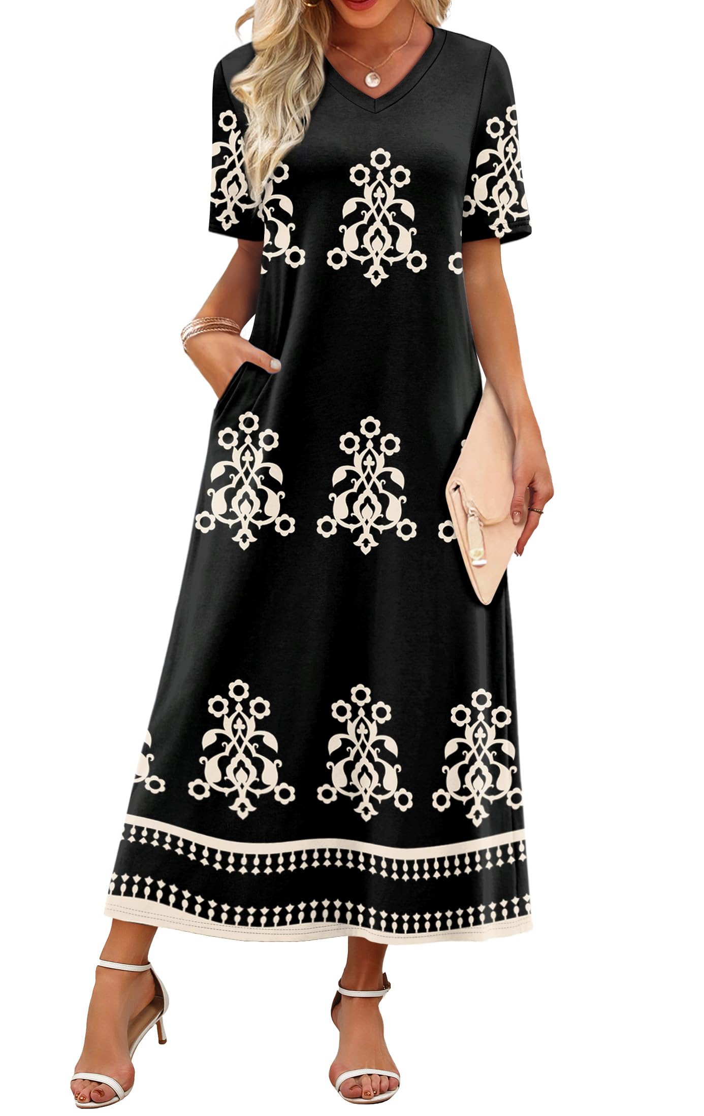 Women's V Neck Floral Maxi Summer Vacation Beach Travel Sundress