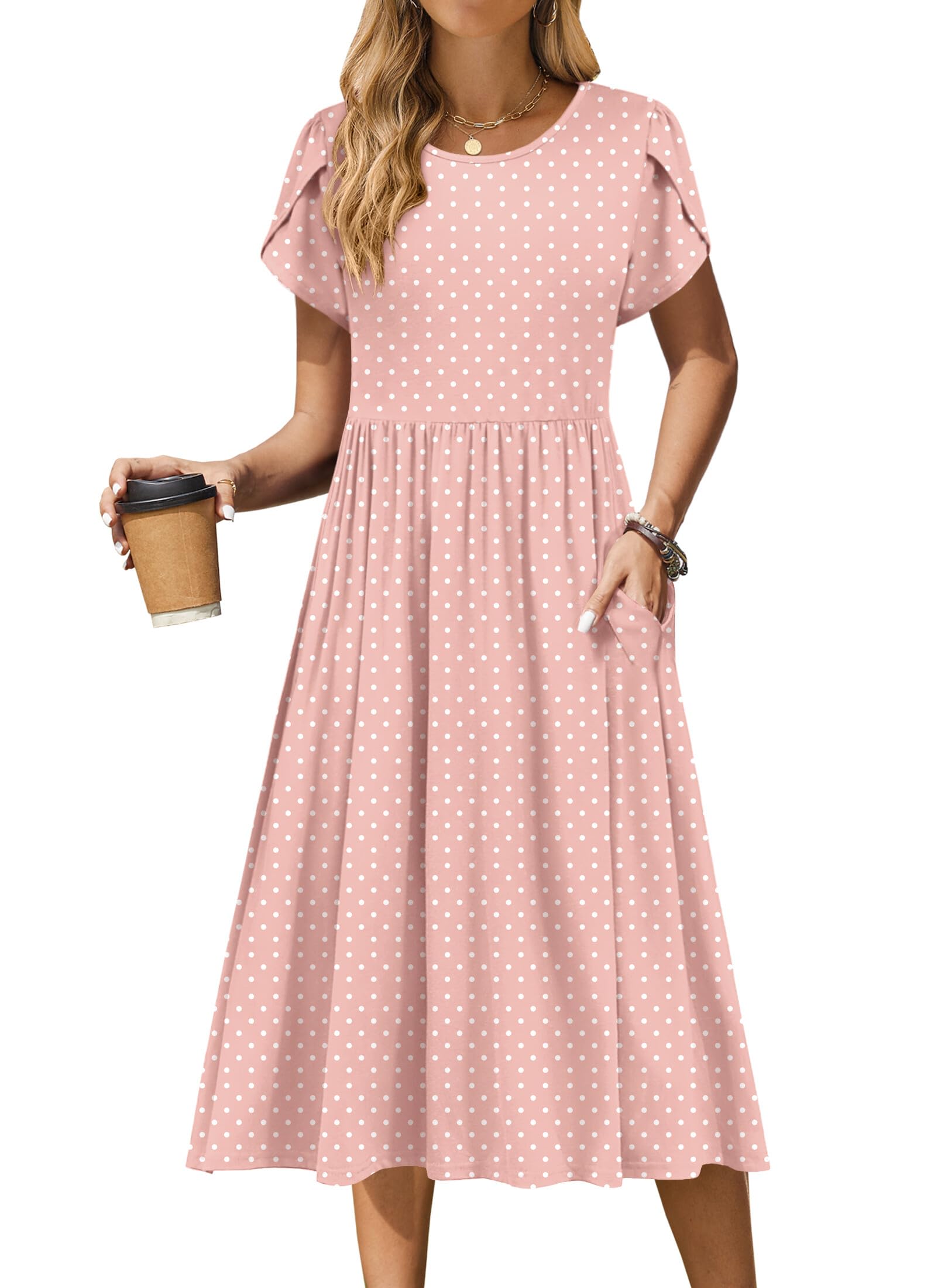 Women's Summer Short Sleeve Floral T-Shirt A-Line Casual Midi Dress with Pockets Flowy Beach Sundress