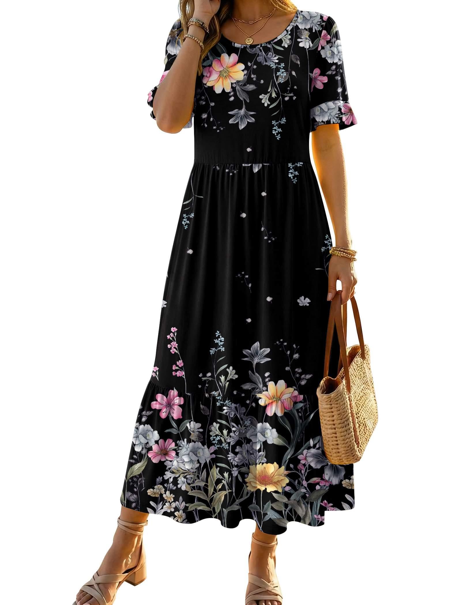 Womens 2026 Summer Casual Ruffle Short Sleeve Tiered A Line Boho Flowy Midi Sundress